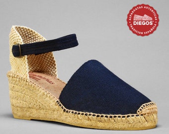 Espadrille Carmen high heel blue sewn by hand in Rioja, Spain - Espadrilles for women. DIEGOS® Collection - Valenciana espardenya