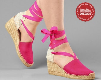 Alpargata Lola tacón alto fuxia cosida a mano en la Rioja, España - Alpargata para mujer. Colección DIEGOS® - Valenciana espardenya clasica