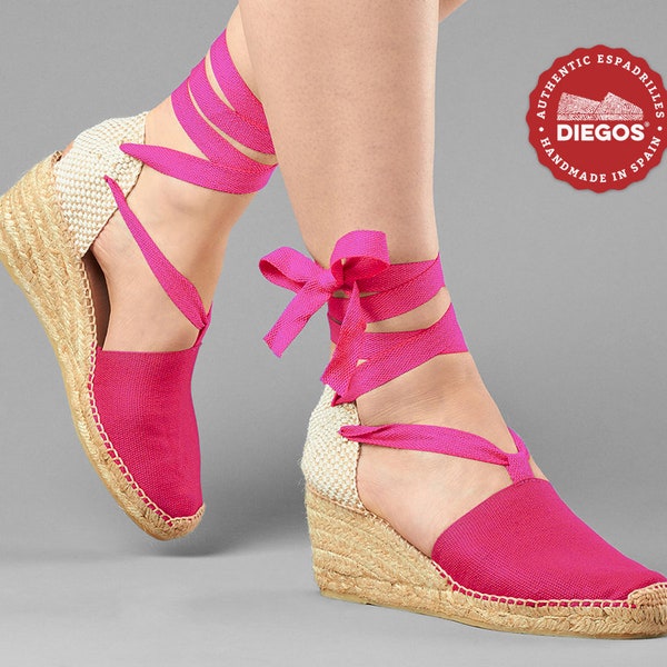 Espadrille Lola high heel fuxia sewn by hand in Rioja, Spain - Espadrilles for women. COLLECTION DIEGOS® - Valenciana espardenya classic