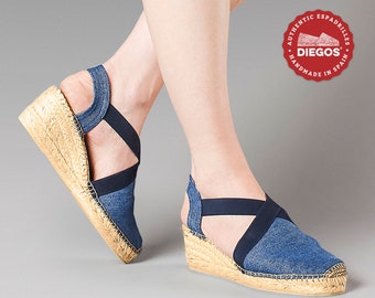 Espadrille Belen denim Jean high heel sewn by hand in Rioja, Spain - Espadrilles for women. DIEGOS collection® - Valencian espardenya