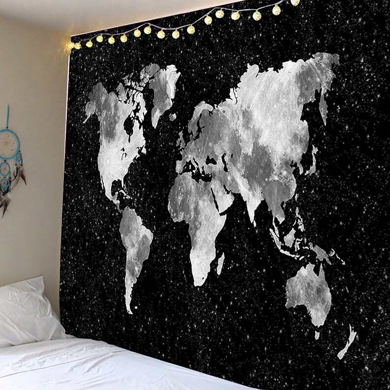 Starry World Map Tapestry Black and White World Map Tapestry Etsy