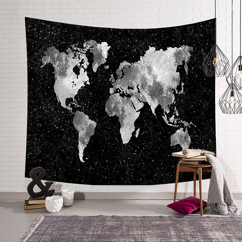 Starry World Map Tapestry Black and White World Map Tapestry Etsy