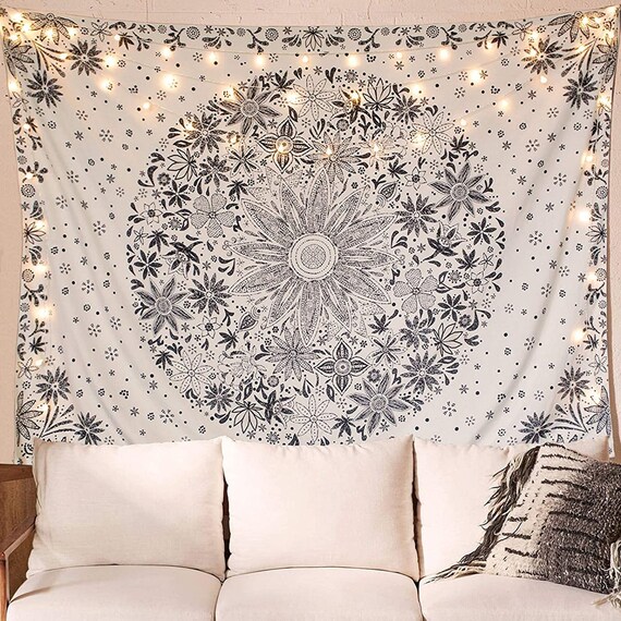 Black and White Floral Tapestry Flower Tapestry Wall Hanging Etsy