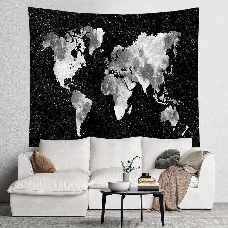 Starry World Map Tapestry Black and White World Map Tapestry Etsy