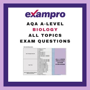 以下が含まれることがあります： 紫と白のグラフィックで、白いテキスト「exampro」、黒いテキスト「AQA A-LEVEL BIOLOGY ALL TOPICS EXAM QUESTIONS」、紫色のボックスに「ALL LINKS PROVIDED AFTER PURCHASE」というテキストが書かれた表があります。