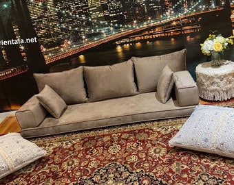 Braunes Samt-Bodensofa, türkisch-arabische Sitzgelegenheit, orientalisch-marokkanisches Wohndekor-Couch, Wohnzimmer-Bodenkissen, Yoga-Meditationsbett-Set