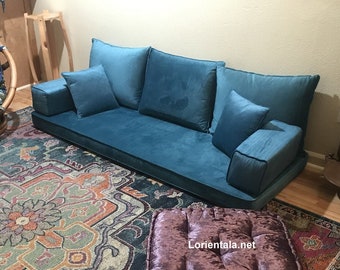 Blaugrünes Bodensofa, türkisch-arabische Sitzgelegenheit, orientalisch-marokkanisches Wohndekor-Couch, Wohnzimmer-Bodenkissen, Yoga-Meditationsbett-Set