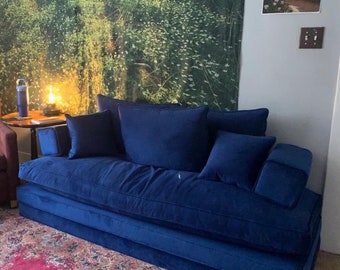 Blaues Samt Bodensofa: Cordsamt Couch mit Waschbarem Bezug