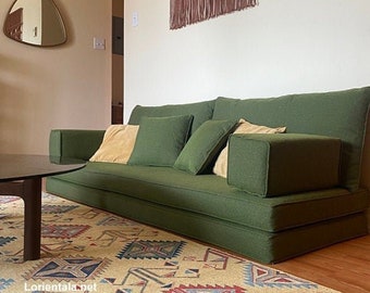 Green Sofa,Linen Fabric Floor Seating, Foldable Yoga Meditation Sofa Bed, Arabic Living Room Sofa,Bohemian Home Decor Floor Couch-8'' THICK