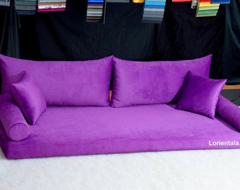 VELVET PURPLE Floor sofa Turkish Arabic living room,Oriental Moroccan Home Decor Couch,cushions pillow,Yoga meditation modern Art seat bed