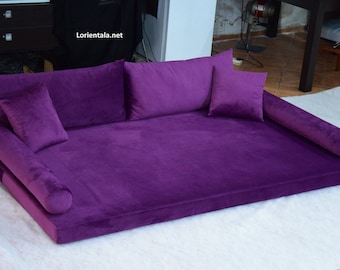 VELVET PURPLE Floor sofa Turkish Arabic living room,Oriental Moroccan Home Decor Couch,cushions pillow,Yoga meditation modern Art seat bed