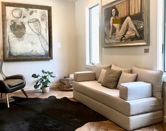 Beige linnesoffa: Marockansk sektionssoffa