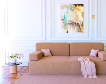 Sofá de suelo de lino beige: sofá de meditación plegable, decoración bohemia