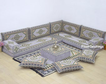 L Form Arabisches Sofa Set, Bodenbett, Bodensitz, Graues Schnittsofa, Großes Bodenkissen, Stuhlbezug, Türkischer Bodensitz, Couchtisch