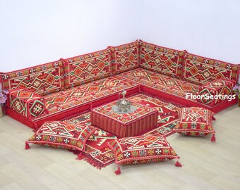 L Shaped Arabic Sofa Set, Terrace Pallet Sofa, Red white Sectional Sofas, Floor Cushions, Arabic Majlis, Pouffs Turkish Floor Seating Set