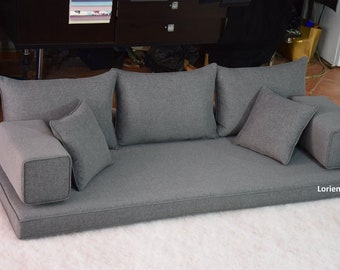 Graue Leinen-Bodenbestuhlung, Bodenkissensofa, arabisches Sitzsofa, osmanischer Pouf, Fenstersitzkissen, Meditationskissen, Bodensitzbett