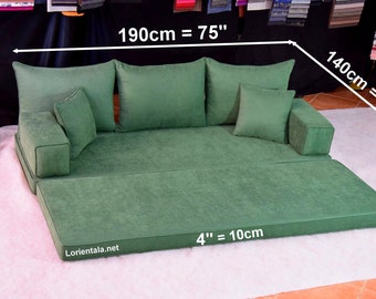 Green floor Sofa, Suede Fabric Floor Seating, Foldable Yoga Meditation Sofa Bed, Arabic Living Room cushion, Bohemian Home Decor Floor Couch