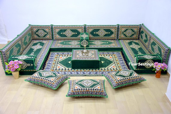 Custom U-Shaped Velvet Floor Seating Set: Green Living Room Sofa