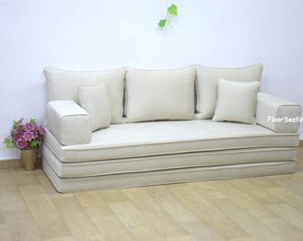 Off White Velvet Floor Sofa: Corduroy Couch with Washable Cover