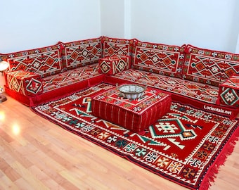 L Shaped Arabic Sofa Set, Terrace Pallet Sofa, Red white Sectional Sofas, Floor Cushions, Arabic Majlis, Pouffs Turkish Floor Seating Set