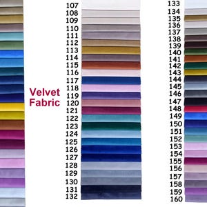 Pode incluir: Uma carta de cores de amostras de tecido de veludo, numeradas de 84 a 160. As amostras est&atilde;o dispostas em duas colunas, com a coluna da esquerda etiquetada como "Velvet Fabric" e a coluna da direita etiquetada como "Floorseatings".