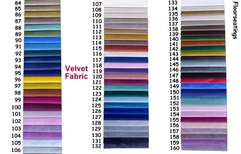 Pode incluir: Uma carta de cores de amostras de tecido de veludo, numeradas de 84 a 160. As amostras est&atilde;o dispostas em duas colunas, com a coluna da esquerda etiquetada como "Velvet Fabric" e a coluna da direita etiquetada como "Floorseatings".