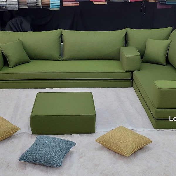 Green Linen L shape floor sofa, L-shaped couch, L shape floor pillows, l shape cushions, L-shaped bench, L shape bed, custom L-shaped Sofa