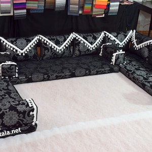 U Shaped Black White Arabic Sofa Set, Terrace Pallet Sofa, Sectional Sofas, Floor Cushions, Arabic Majlis, Pouffs, Turkish Floor Seating Set zdjęcie 5