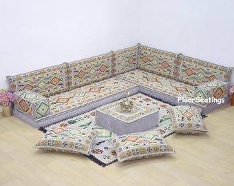 ブルーL字型フロアソファセット：オットマン付きセクショナルソファ