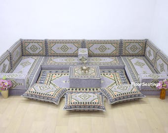 U Shaped Arabic Sofa Set, Terrace Pallet Sofa, Gray Orange black Sectional Sofas, Floor Cushion, Arabic Corner Majlis, Turkish Floor Seating