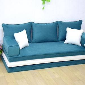 Blue Velvet floor Sofas, Corduroy floor couch, Floor Sofa Bed, Washable Cover, Sleeper Sofa, Floor Seat Pillow, Modern living room cushions