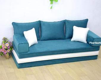 Blue Velvet Floor Sofa: Corduroy Couch with Washable Cover