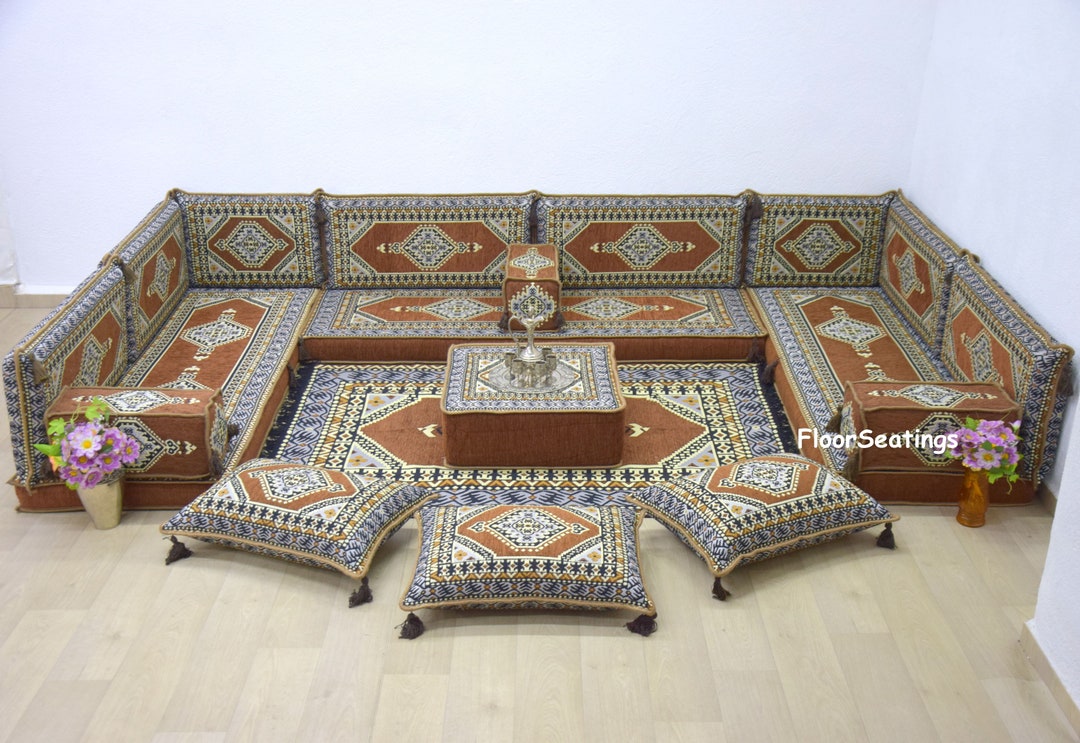 U Shape Moroccan Sofa Set Loveseats Turkish Brown Gray Floor Etsy