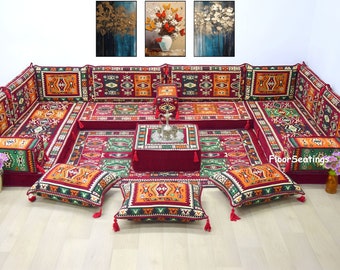 Floor cushions set, U Shape Moroccan set, Arabic Maroon Orange sofa, Turkish Floor Seating Bed, Oriental Floor Couches, Indoor Floor Sofas