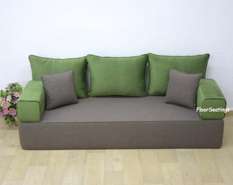 Grönt set med kuddar i sammet: Boho sittmöbler (180 x 61 x 30 cm)