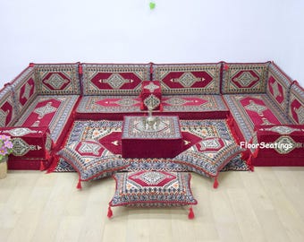 Maroon U Shaped Moroccan Sofa Set, Arabic Majlis Set, Turkish Floor Seating Set, Oriental Floor Couch, Indoor Floor Sofa, Floor Cushion Seat
