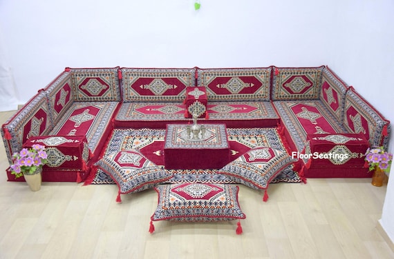 Maroon U-Shaped Moroccan Floor Sofa Set: Arabic Majlis Seating