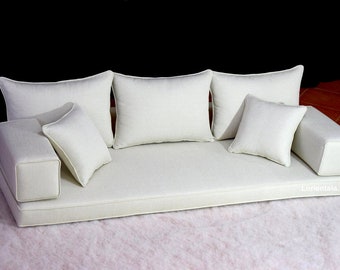 Bodensitzmöbel aus cremefarbenem Leinen, Sofa mit Bodenkissen, arabische Sitzgelegenheiten, osmanischer Pouf, Fenstersitzkissen, Meditationskissen, Bodensitzbett