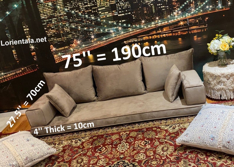 Brown Velvet Floor sofa,Turkish Arabic seating,Oriental Moroccan Home Decor Couch,living room floor cushions pillows,Yoga meditation bed set image 2