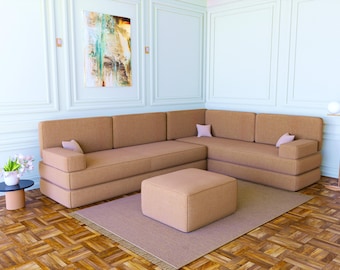 Beige linnen L-vormige vloerbank: modulaire sectionele bank