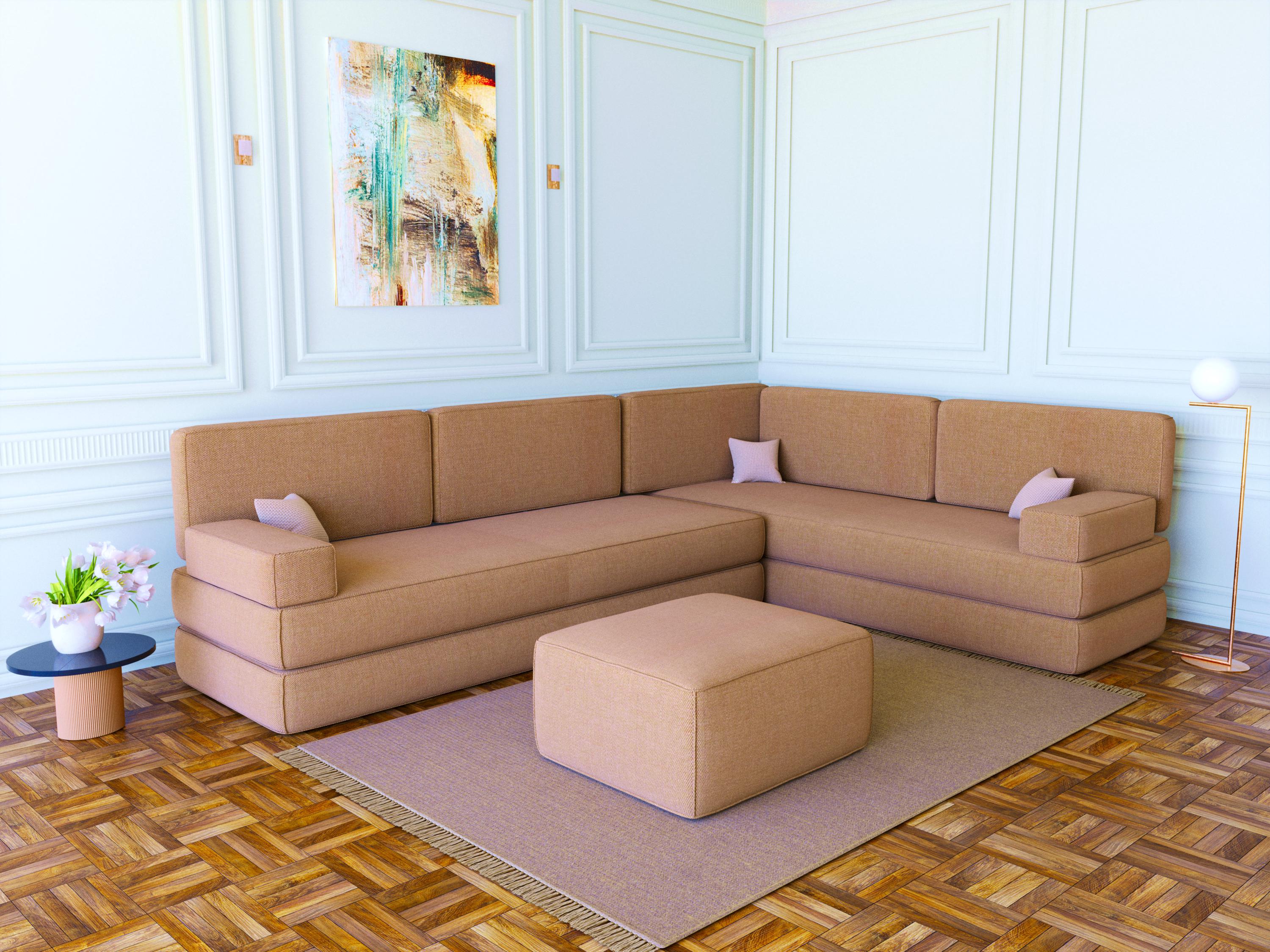 ベージュリネンL字型フロアソファ：モジュラーセクショナルソファ