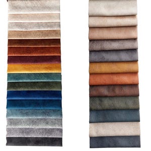 Pode incluir: Uma cole&ccedil;&atilde;o de amostras de tecido em v&aacute;rias cores e texturas, incluindo bege, marrom, vermelho, amarelo, verde, azul e cinza. As amostras est&atilde;o dispostas em duas colunas verticais.