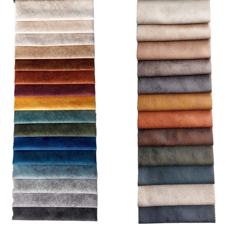 Pode incluir: Uma cole&ccedil;&atilde;o de amostras de tecido em v&aacute;rias cores e texturas, incluindo bege, marrom, vermelho, amarelo, verde, azul e cinza. As amostras est&atilde;o dispostas em duas colunas verticais.