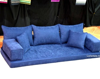 Canapé-lit bleu au sol, sièges en arabe turc, canapé de décoration d'intérieur marocain oriental, coussins de sol pour salon, parure de lit de méditation yoga