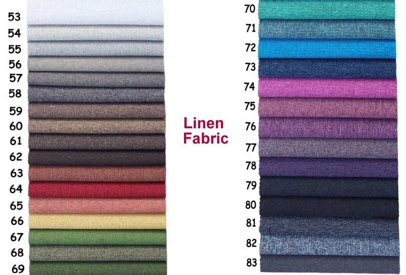 Pode incluir: Uma cartela de amostras de tecido de linho em v&aacute;rias cores, numeradas de 53 a 83. A cartela &eacute; etiquetada como "Tecido de linho".