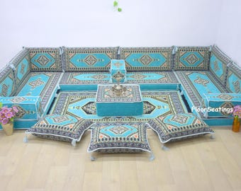 Floor Sofa Seating Set, Arabic Majlis, Sky Blue Corner Floor Cushions, U Shaped Arabic Set, Pallet Sofa, Sectional Sofa, Meditation Yoga Set