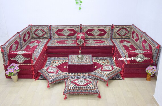 Floor cushions set U Shape Moroccan sofa Arabic Maroon Orange