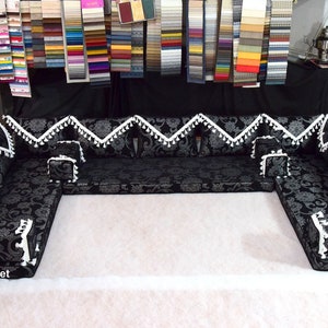 U Shaped Black White Arabic Sofa Set, Terrace Pallet Sofa, Sectional Sofas, Floor Cushions, Arabic Majlis, Pouffs, Turkish Floor Seating Set zdjęcie 1