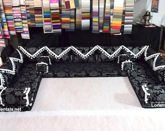 U Shaped Black White Arabic Sofa Set, Terrace Pallet Sofa, Sectional Sofas, Floor Cushions, Arabic Majlis, Pouffs, Turkish Floor Seating Set