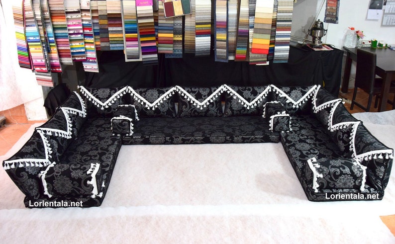 U Shaped Black White Arabic Sofa Set, Terrace Pallet Sofa, Sectional Sofas, Floor Cushions, Arabic Majlis, Pouffs, Turkish Floor Seating Set zdjęcie 1